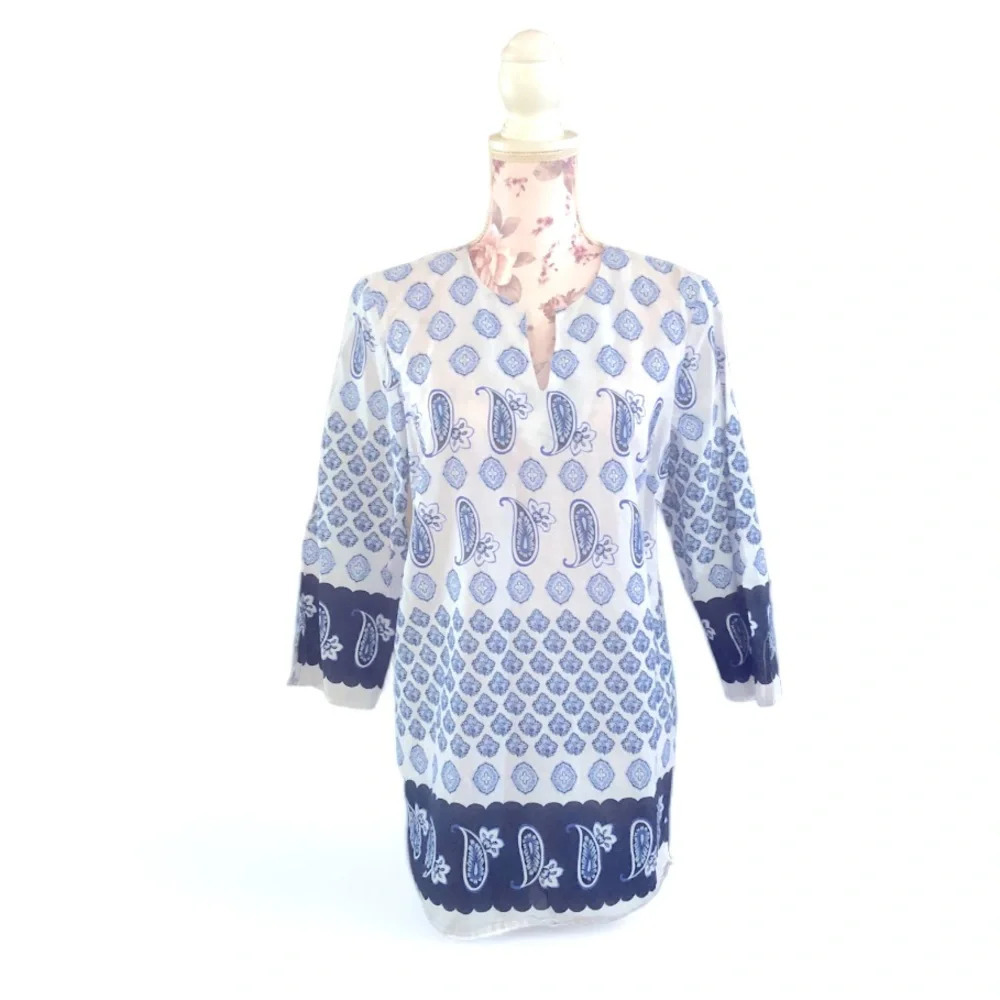 Talbots Paisley Print Slit Neck Tunic Blouse